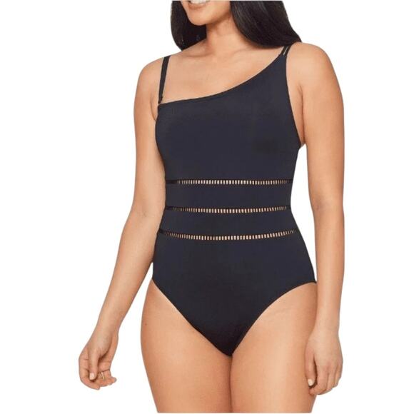 NWOT Bleu Rod Beattie Behind the Seams 1-Shoulder 1-Piece Black Swimsuit - Sz 6 - Picture 1 of 7